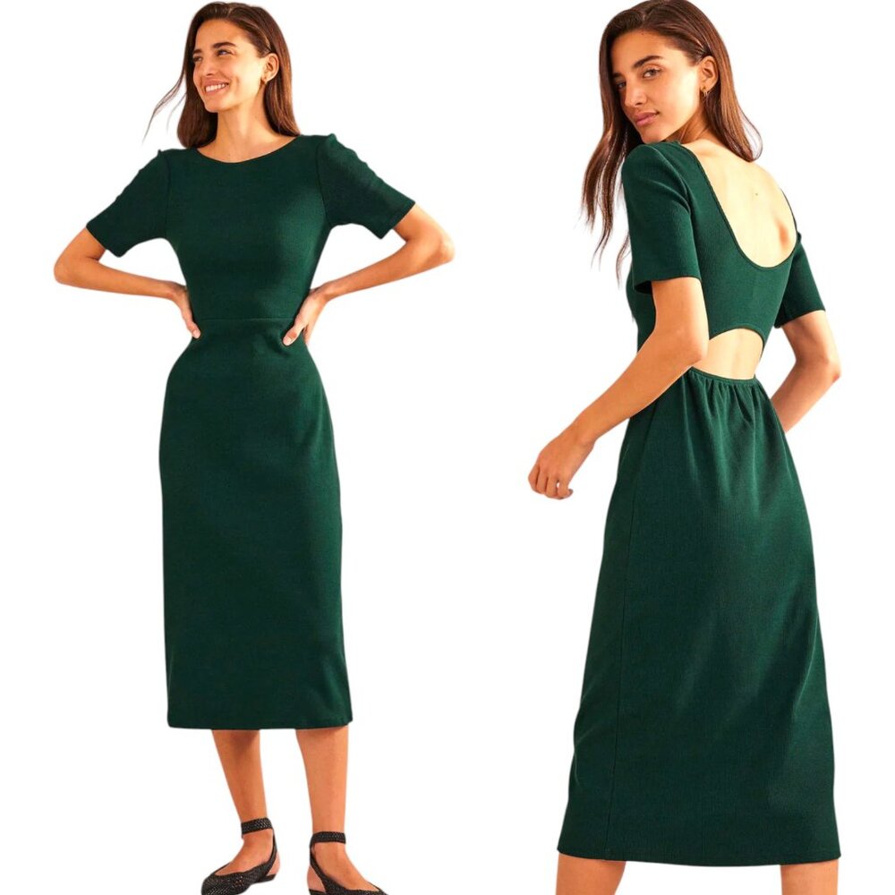 Boden Forest Green Midi Dress with Open Back